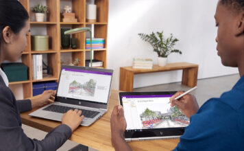 Two students using 2-in-1 laptops in different ways to work on the same project in Microsoft OneNote.