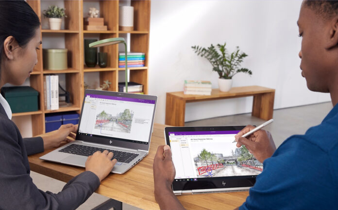 Two students using 2-in-1 laptops in different ways to work on the same project in Microsoft OneNote.