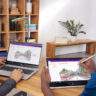 Two students using 2-in-1 laptops in different ways to work on the same project in Microsoft OneNote.