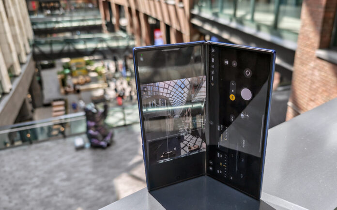 samsung galaxy z fold 7 tented outside.