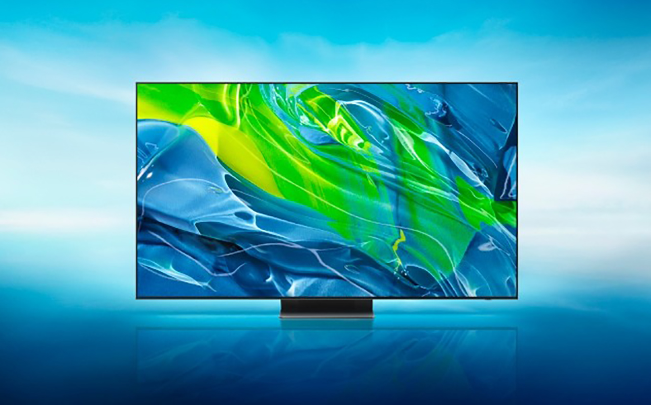 A Samsung QD OLED TV on a blue background.