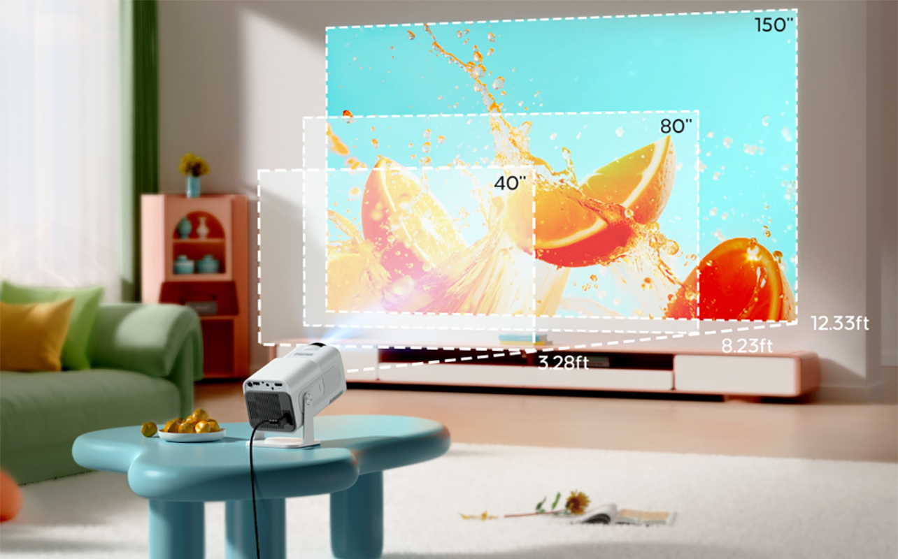 A short throw mini projector with image size guides showing on the screen.