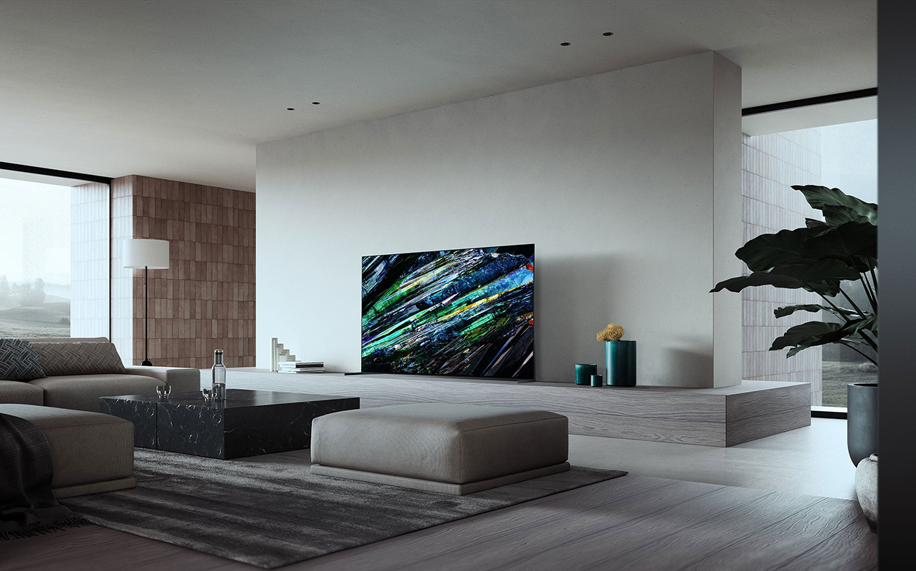 A Sony Bravia QD-OLED TV in a living room.