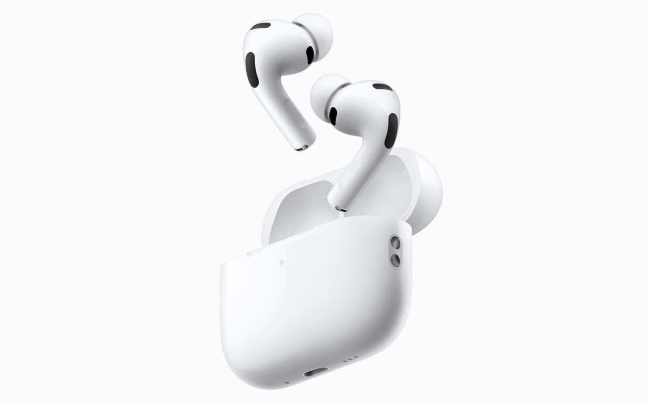 Apple AirPods Pro 3 loose earbuds with case on white background.