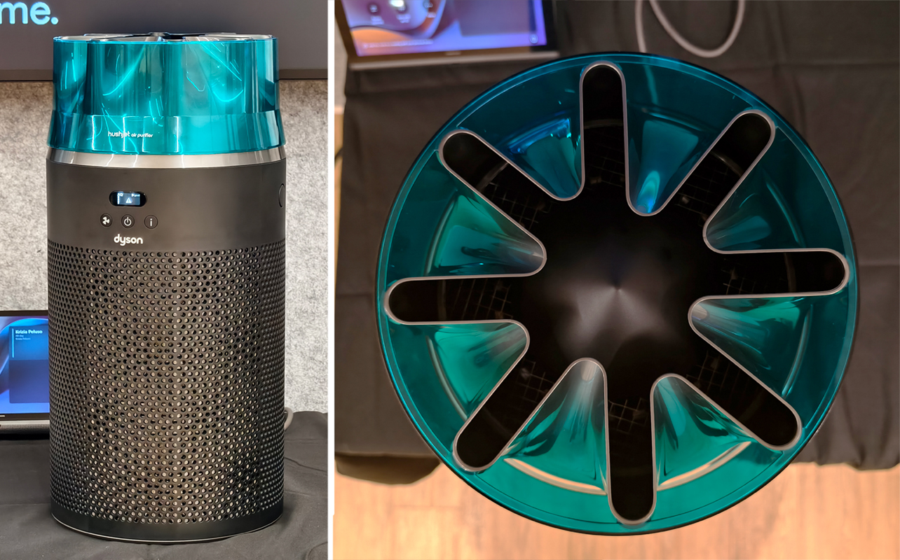 Dyson Hushjet Compact Purifier from the front and top views.