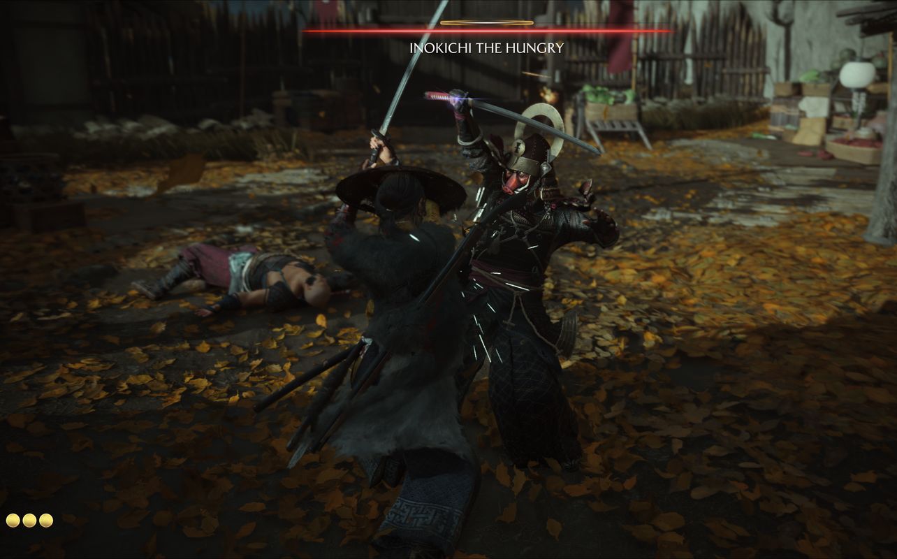 Gameplay from Ghost of Yotei. Atsu fights against Inokichi the Hungry.