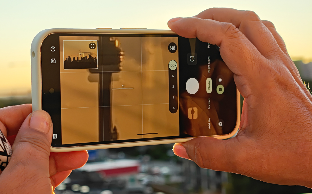Capturing a photo at 100x zoom on a Google Pixel 10 Pro XL.