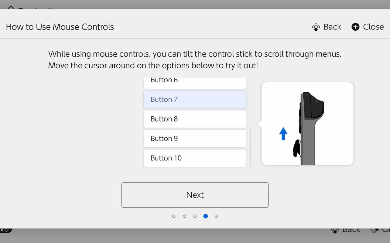 Instruction screen for using mouse controls, with options Button 6-10. A side view of a controller with an arrow is shown. The background is gray.
