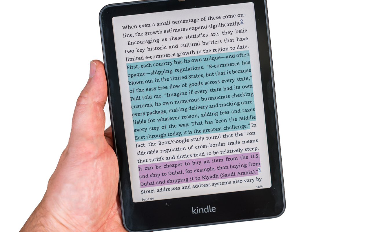 Amazon Kindle Colorsoft eReader showing highlighted passages in different colours.