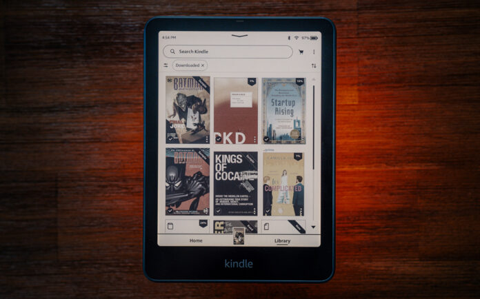 Amazon Kindle Colorsoft eReader showing library in colour.