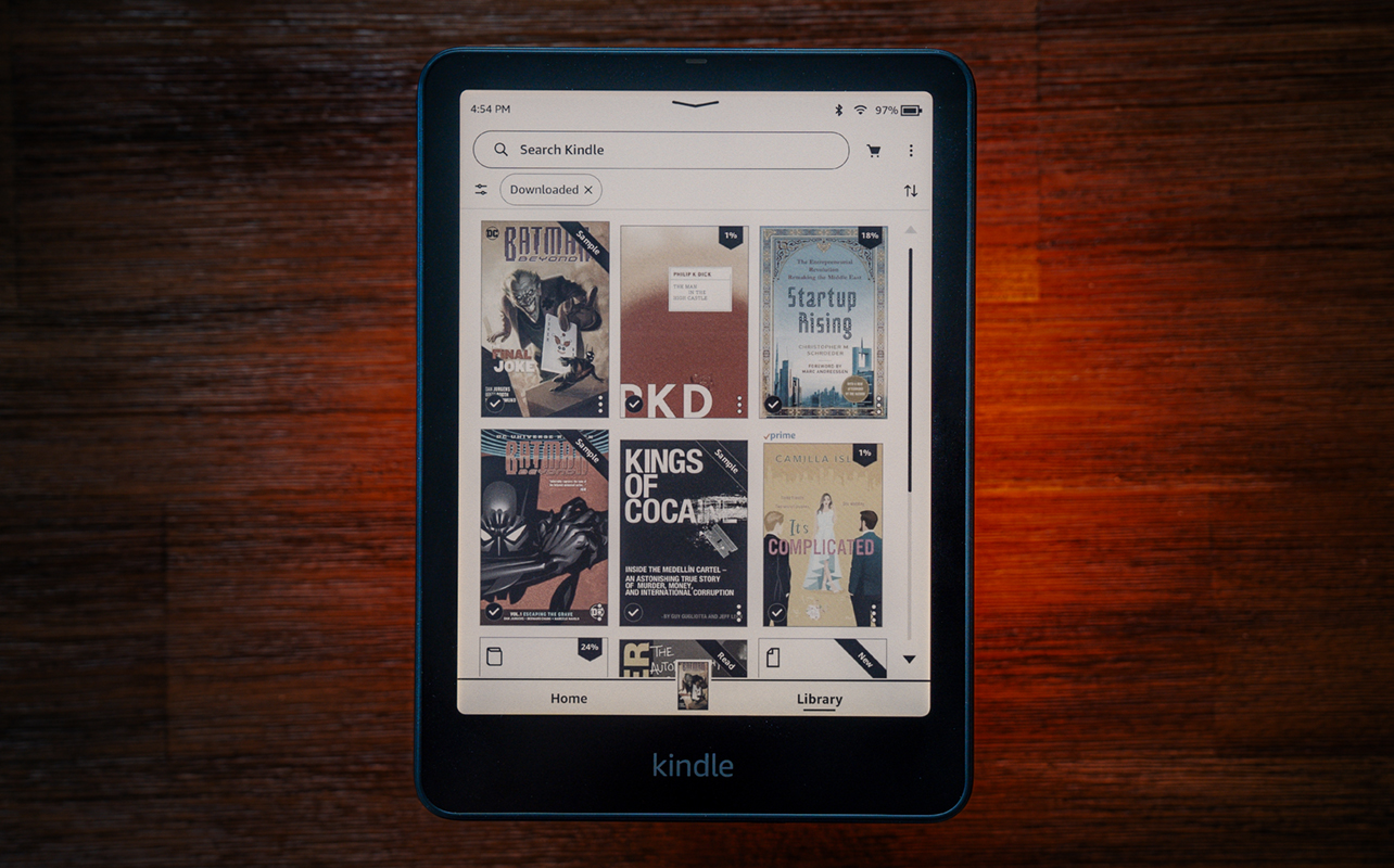 Amazon Kindle Colorsoft eReader showing library in colour.