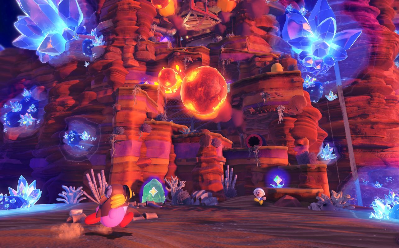 A scene from Kirby and the Forgotten Land – Nintendo Switch 2 Edition + Star-Crossed World show casing the improved resolution and background details.