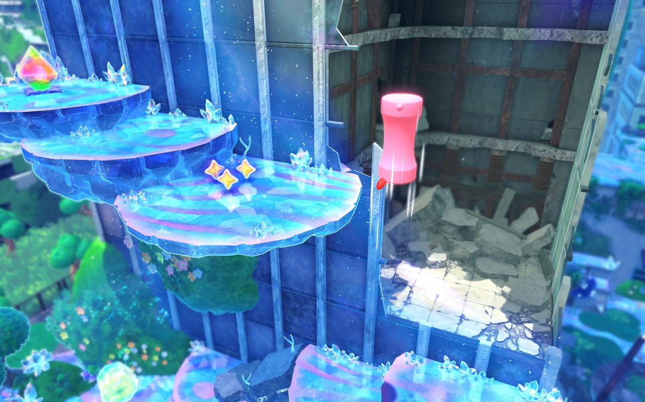 A scene from Kirby and the Forgotten Land – Nintendo Switch 2 Edition + Star-Crossed World with Kirby using the new Spring mouth transformation.