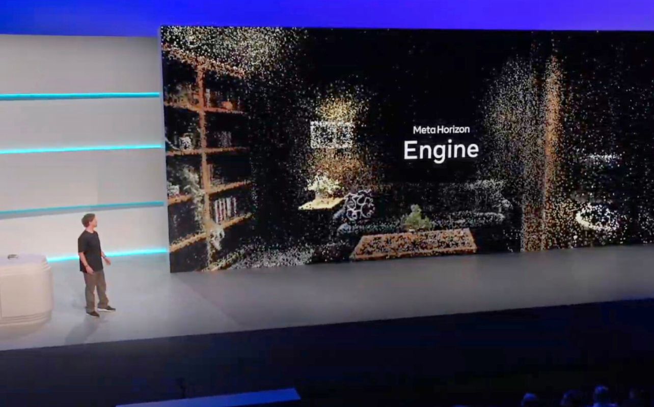 A figure stands on a stage with a large screen displaying the text, "Meta Horizon Engine"