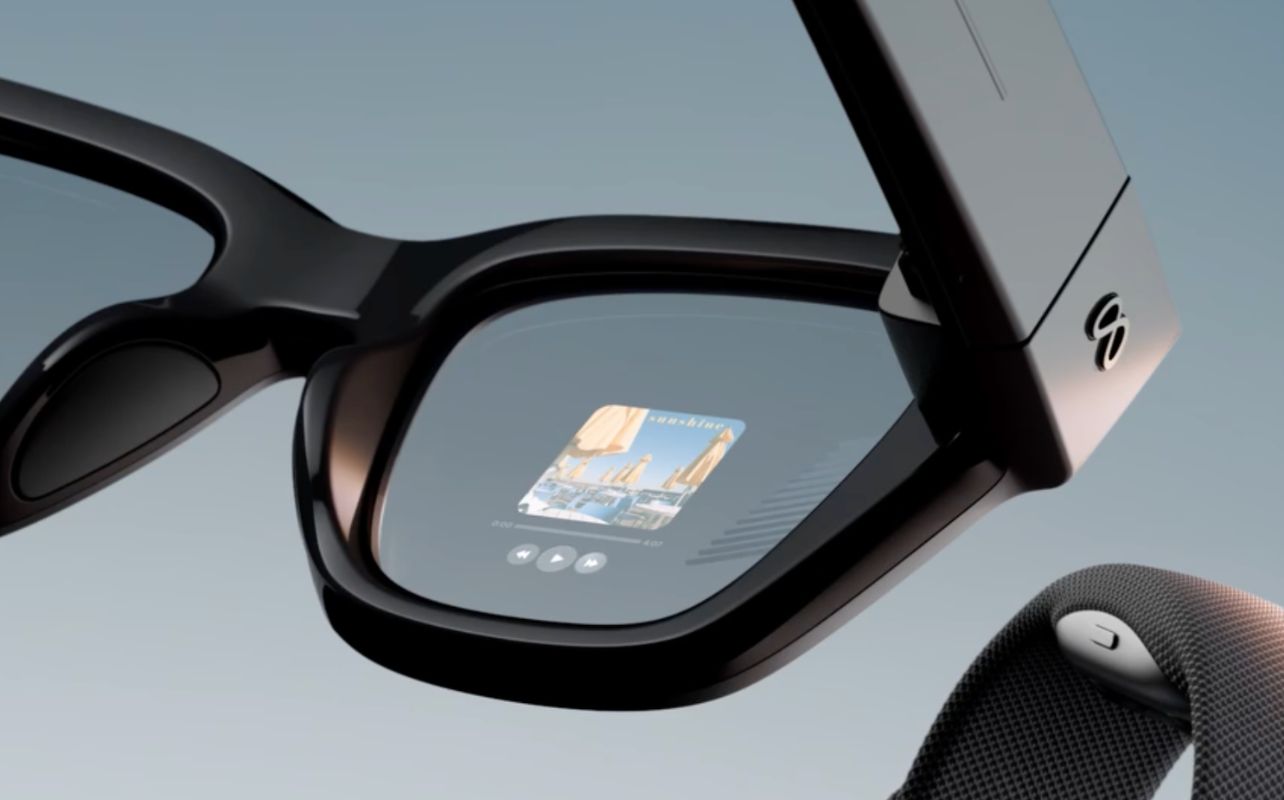 A sunglasses frame with a digital HUD on the right lens.