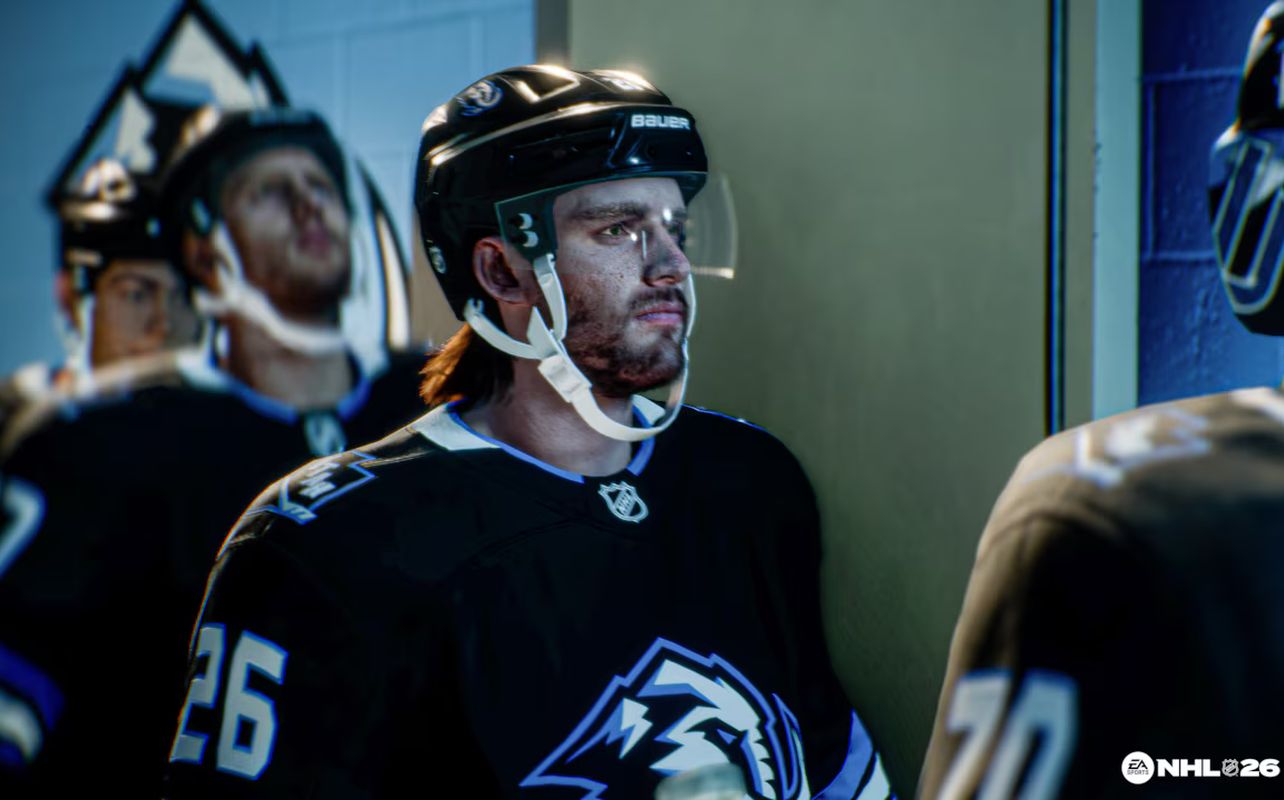 Gros plan sur un joueur du Mammoth de l'Utah dans NHL 26