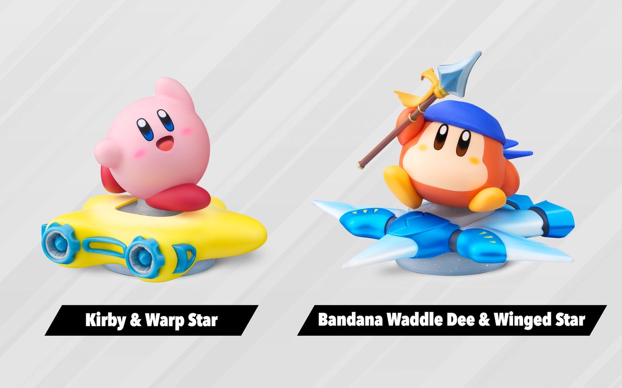 Image des amiibo Kirby avec l’Étoile Warp ainsi que Bandana Waddle-Dee avec l’Étoile ailée pour Kirby Air Riders, présentés lors du Nintendo Direct de septembre 2025