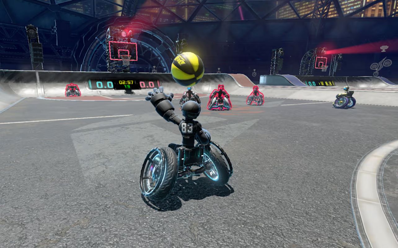 Robotic player #83 in a futuristic arena shoots a yellow basketball using mouse mode with Joy Con 2