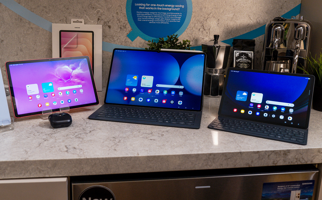 Samsung Galaxy Tab S10 Lite next to S11 Series on a counter.