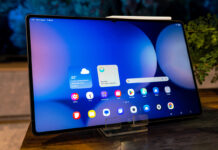 Samsung Galaxy Tab S11 Ultra sitting upright on a coffee table.