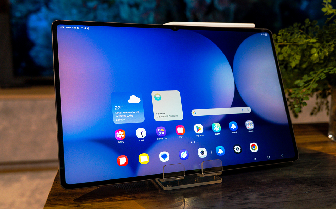 Samsung Galaxy Tab S11 Ultra sitting upright on a coffee table.