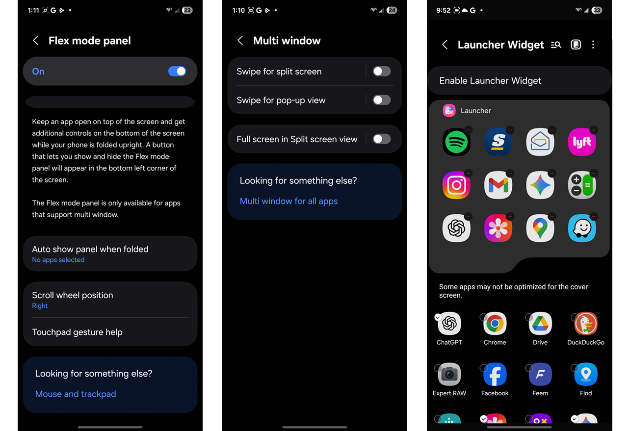 Screenshots showing different settings unique to Samsung Galaxy Z Flip7.