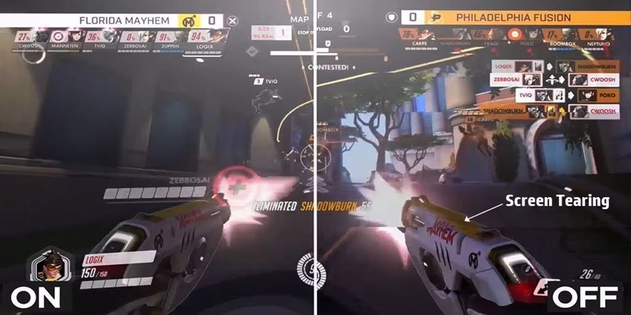 Screen tearing comparison in an FPS game.