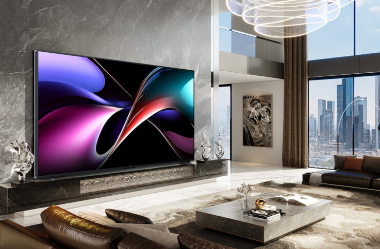 The Hisense 166UX on a wall in a living room.