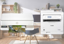 Inkjet printer and laser printer superimposed over home office image.