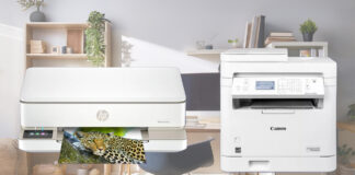 Inkjet printer and laser printer superimposed over home office image.
