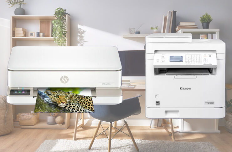 Inkjet printer and laser printer superimposed over home office image.