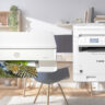 Inkjet printer and laser printer superimposed over home office image.