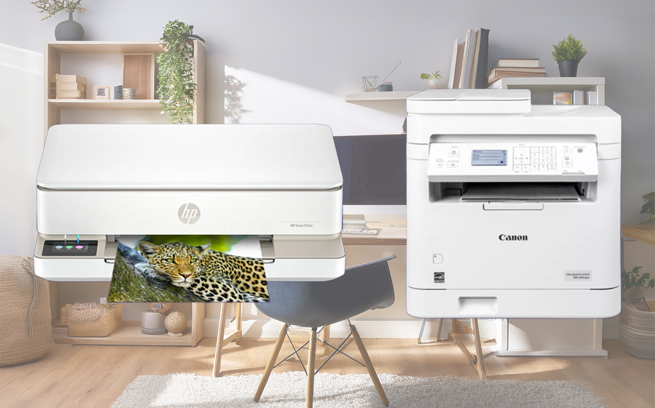 Inkjet printer and laser printer superimposed over home office image.