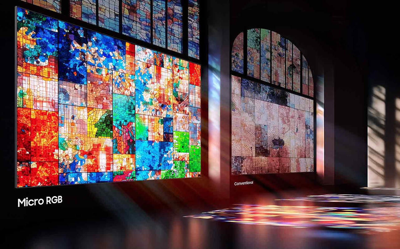 A Samsung display at a trade show showing RGB TVs