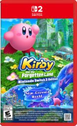 Kirby game cover: Kirby in a lush, overgrown city, bright skies, and an abandoned car. Text: Kirby and the Forgotten Land, Star-Crossed World.