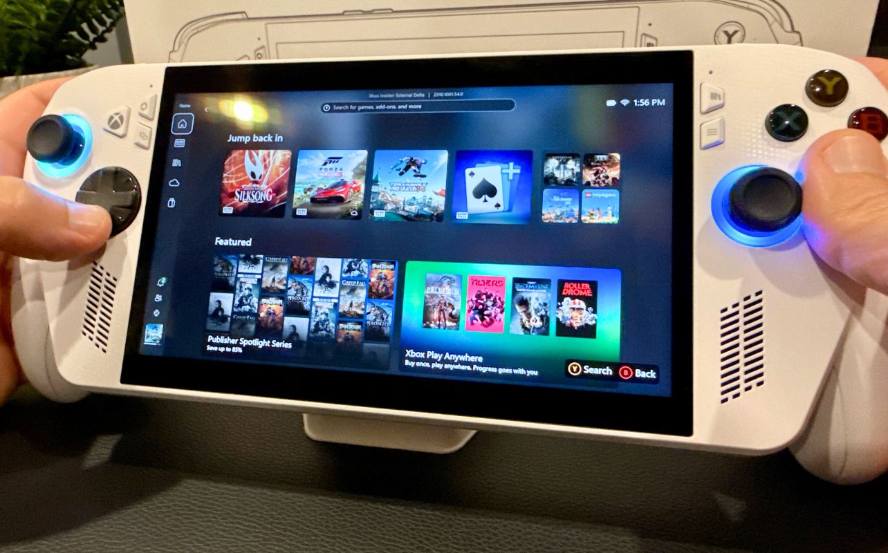 The Xbox Ally X white shell console with the Xbox interface on the screen.