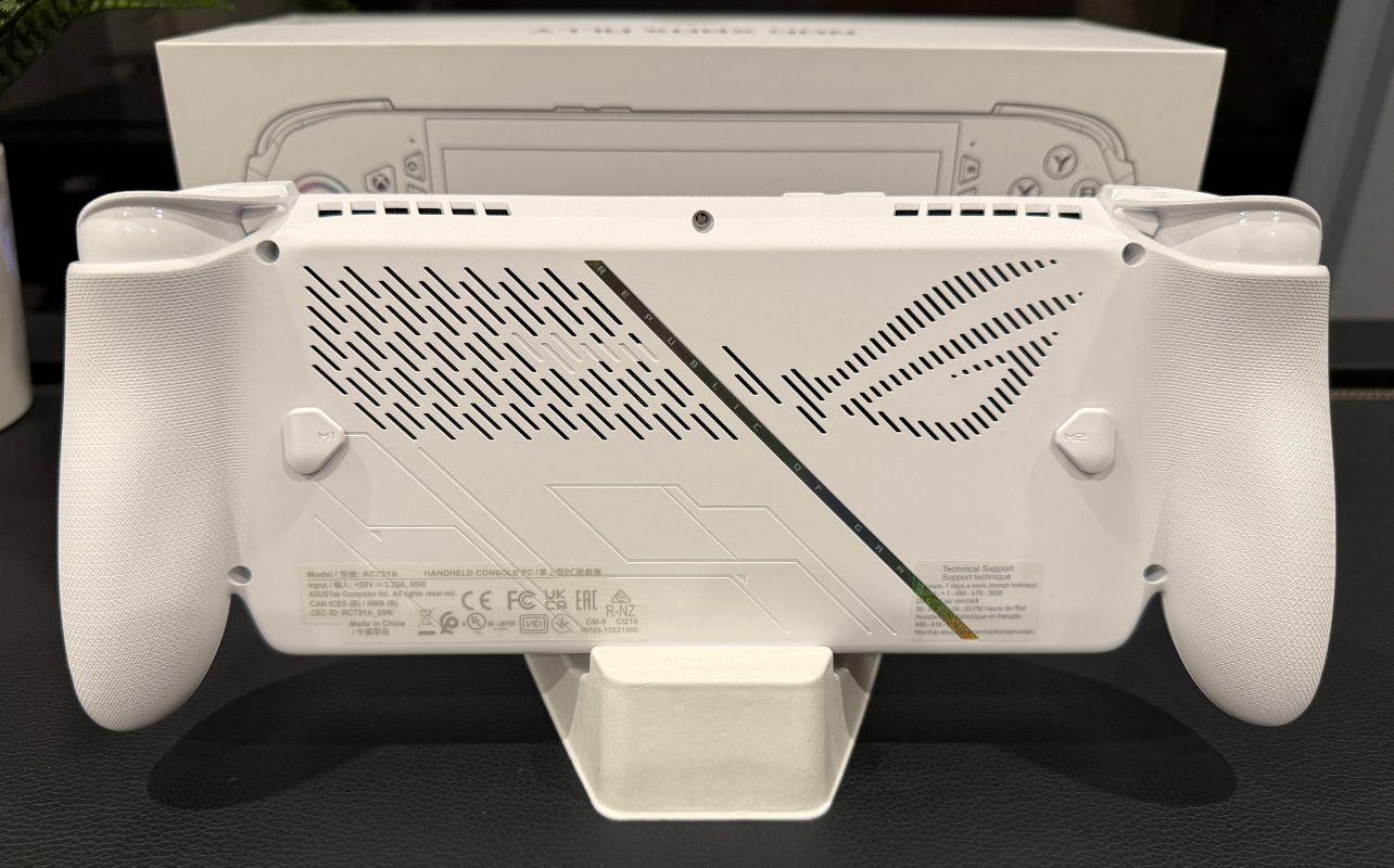 The back of the ROG Xbox Ally X white shell console.