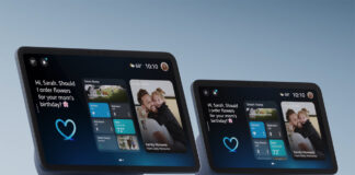 Amazon Echo Show 8 and Echo Show 11 next to each other in black.