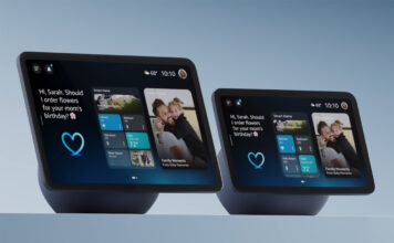 Amazon Echo Show 8 and Echo Show 11 next to each other in black.
