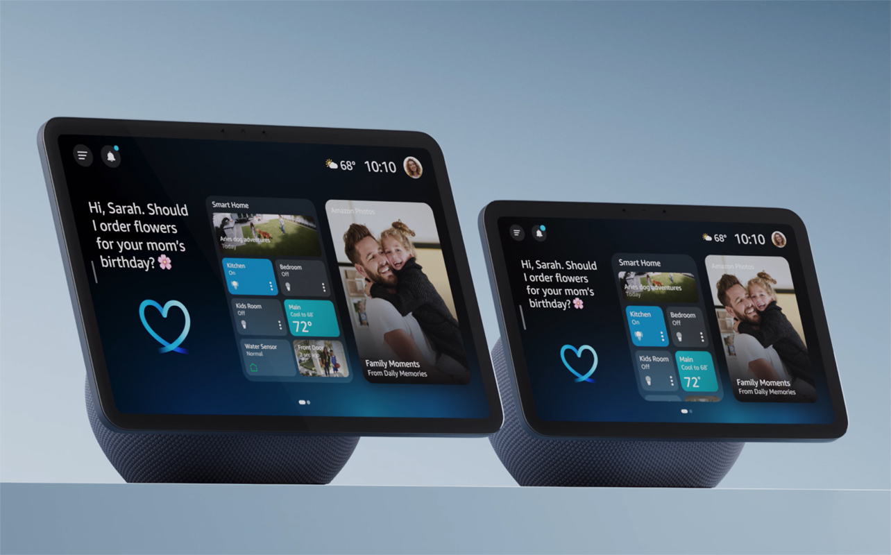 Amazon Echo Show 8 and Echo Show 11 next to each other in black.