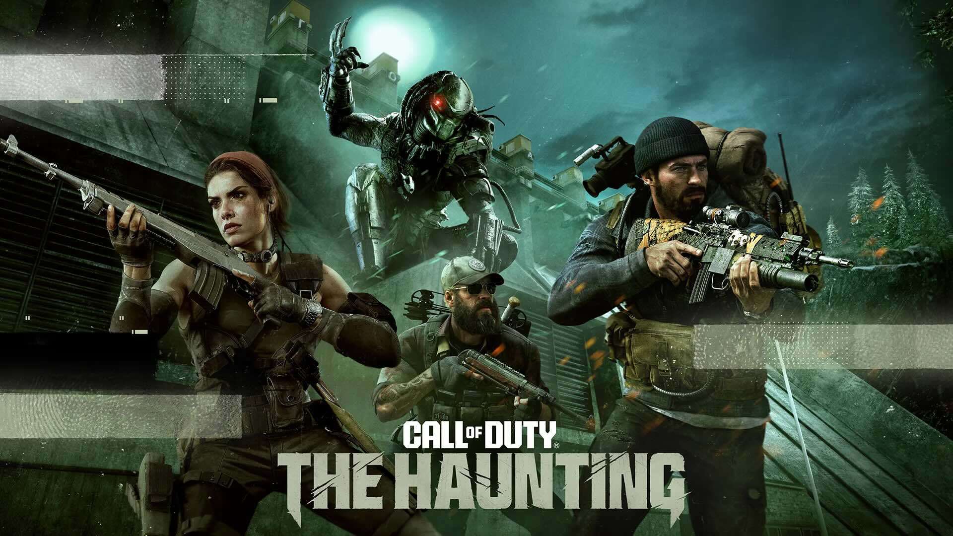 Call of Duty: The Haunting Halloween Event banner with a full moon military figures and predator.