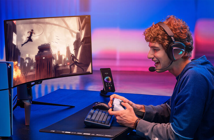 Man playing on a PlayStation 5 wearing a gaming headset.