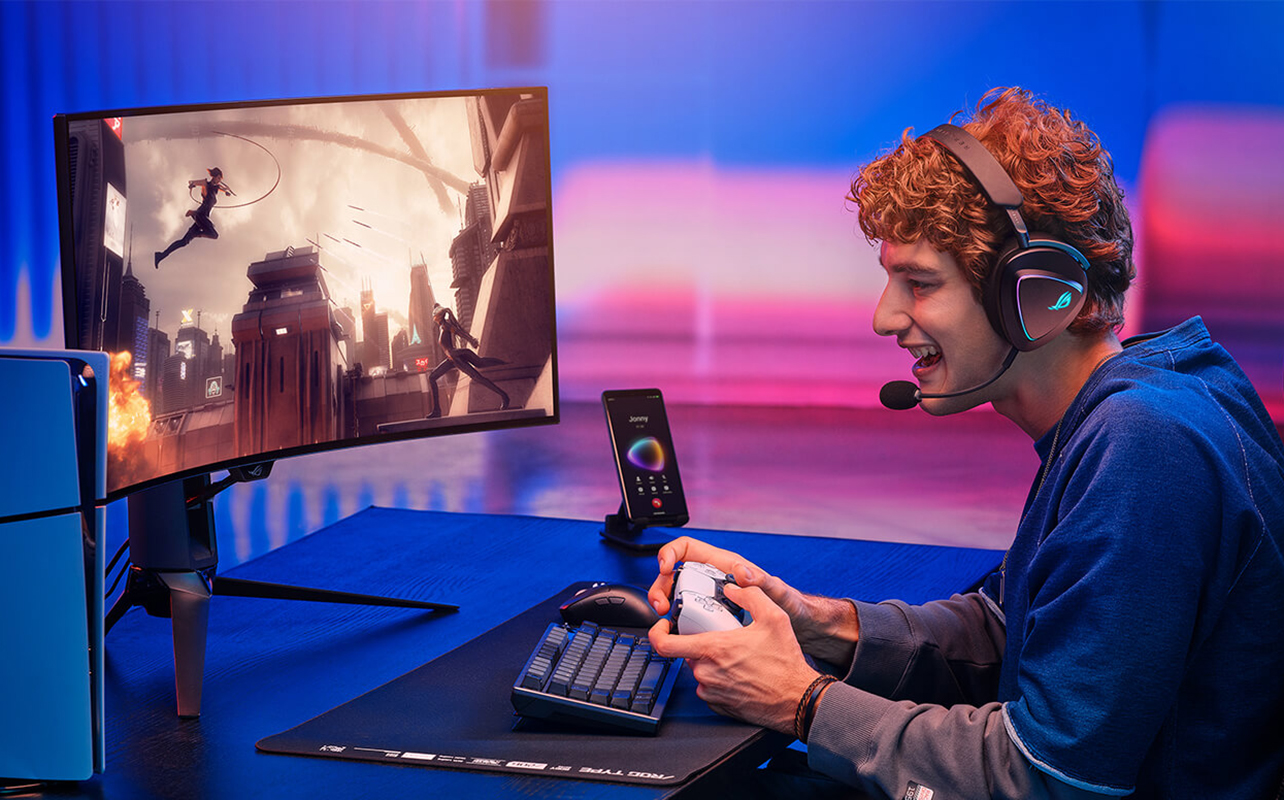 Man playing on a PlayStation 5 wearing a gaming headset.