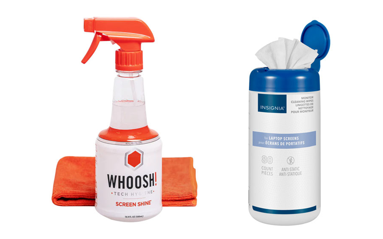 Whoosh spray screen cleaner refillable bottle next to Insignia one-use wipes.