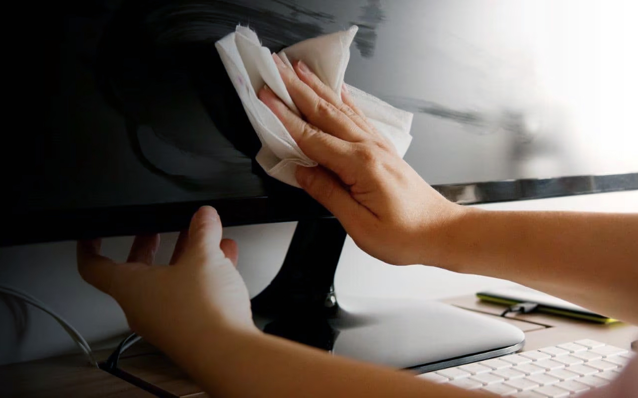 Person wiping a computer monitor with a screen wipe.