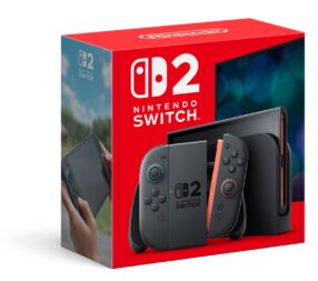 Red Nintendo Switch box with console, Joy-Cons, and logo. Background shows hands holding the console outdoors with greenery visible.