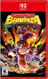 Dynamic cover art for "Donkey Kong Bananza" on Nintendo Switch. Donkey Kong and a kid ride through vibrant, explosive shards. Bright colors, action-packed.