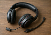 Broken gaming headset lying on a table.