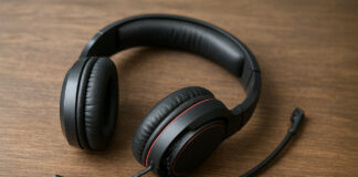 Broken gaming headset lying on a table.