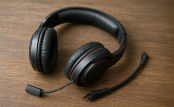 Broken gaming headset lying on a table.